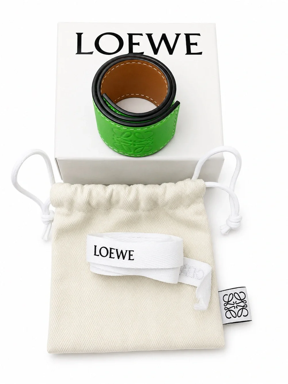 Authentic LOEWE Anagram Leather Cuff Bracelet Lime Green | Full Set + COA